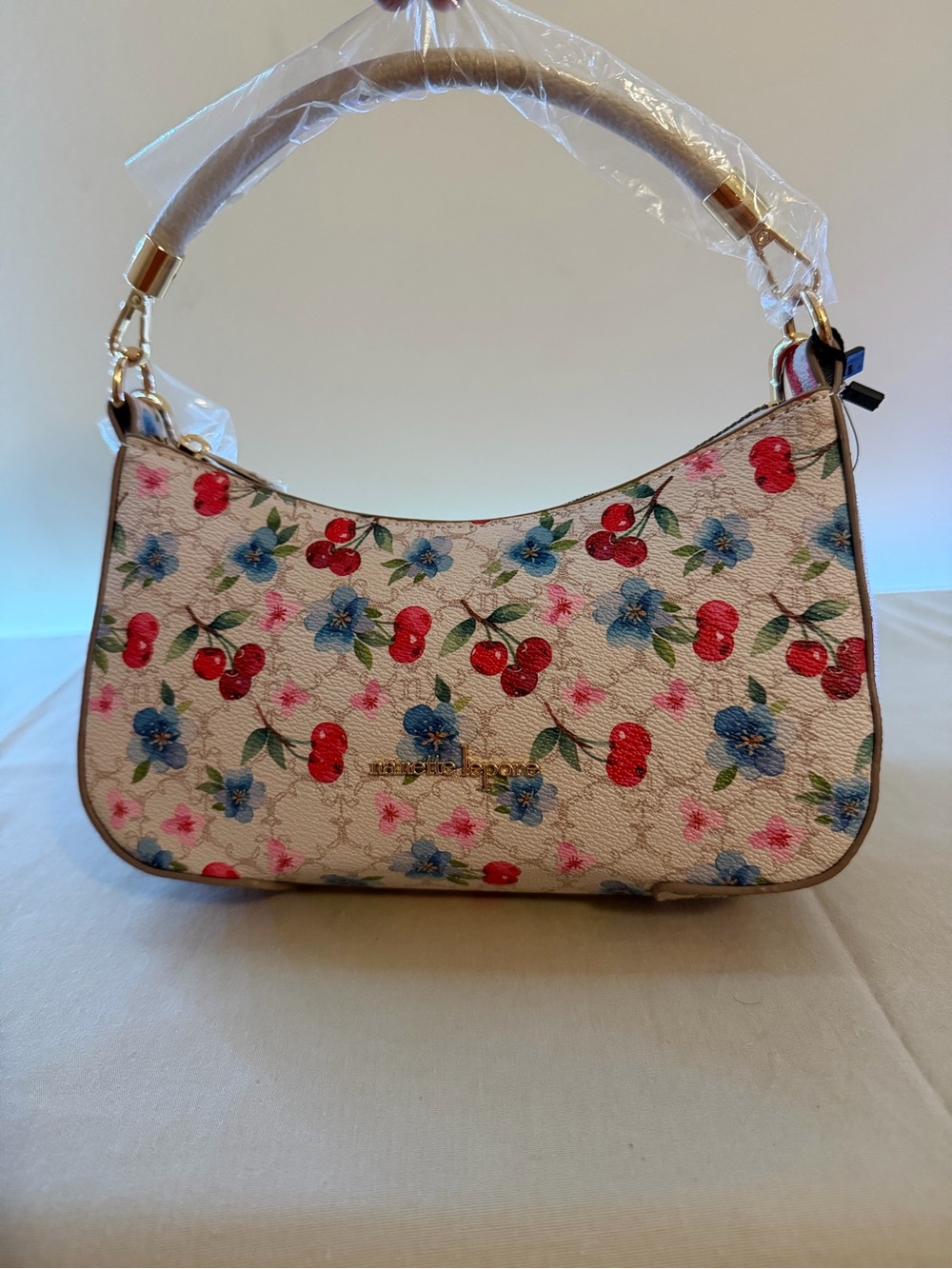 Nanette Lepore Cream Shoulder Bag with Red Cherry & Blue Floral Print